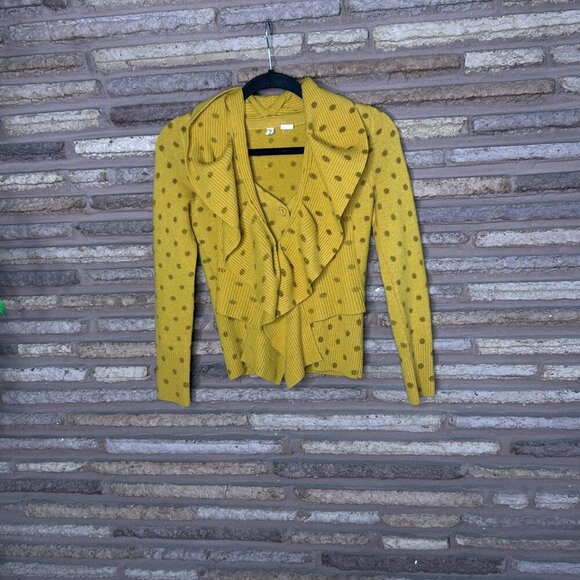 Anthropologie Moth Van Wrinkle Mustard Gold Dot Ruffle Cardigan Sweater Size XS - Picture 11 of 12